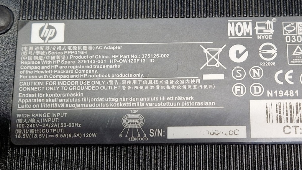 HP PPP016H AC Adapter 18.5V 6.5A Used Working Without Power Cord