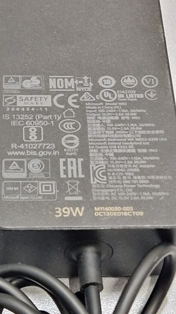 Microsoft 1963 AC Adapter 15.0V 2.6A Used Working Without Power Cord