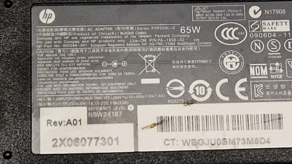HP PA-1650-32 AC Adapter 18.5V 3.5A Used Working Without Power Cord