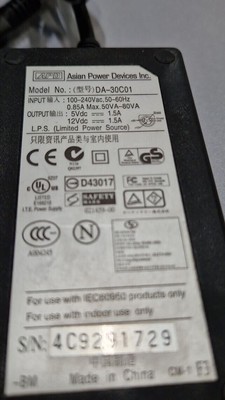 APD DA-30C01 AC Adapter 12V 1.5A Used Working Without Power Cord