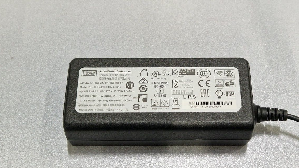 APD DA-65C19 AC Adapter 19V 3.42A Used Working Without Power Cord