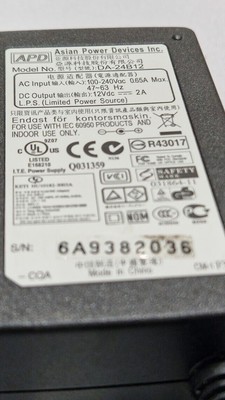 APD DA-24B12 AC Adapter 12V 2A Used Working Without Power Cord