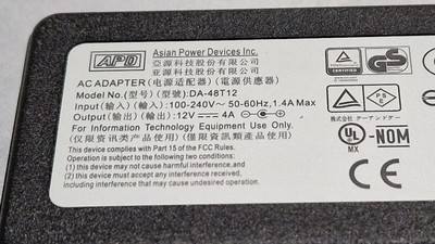 APD DA-48T12 AC Adapter 12V 4A Used Working Without Power Cord