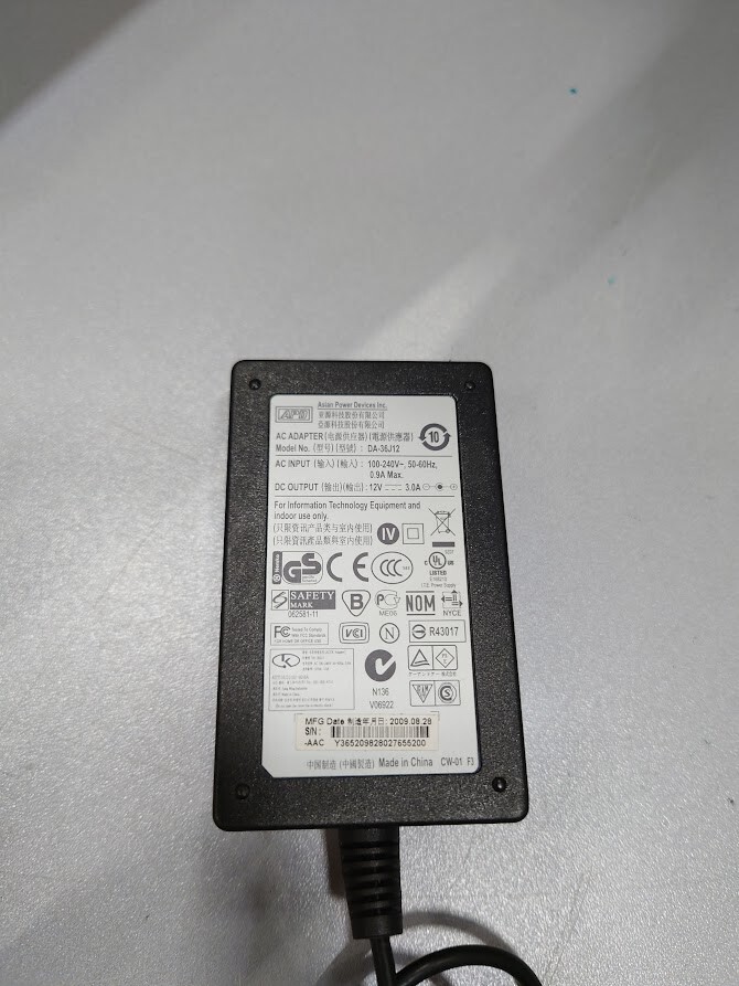 APD DA-36J12 AC Adapter 12V 3.0A Used Working Without Power Cord