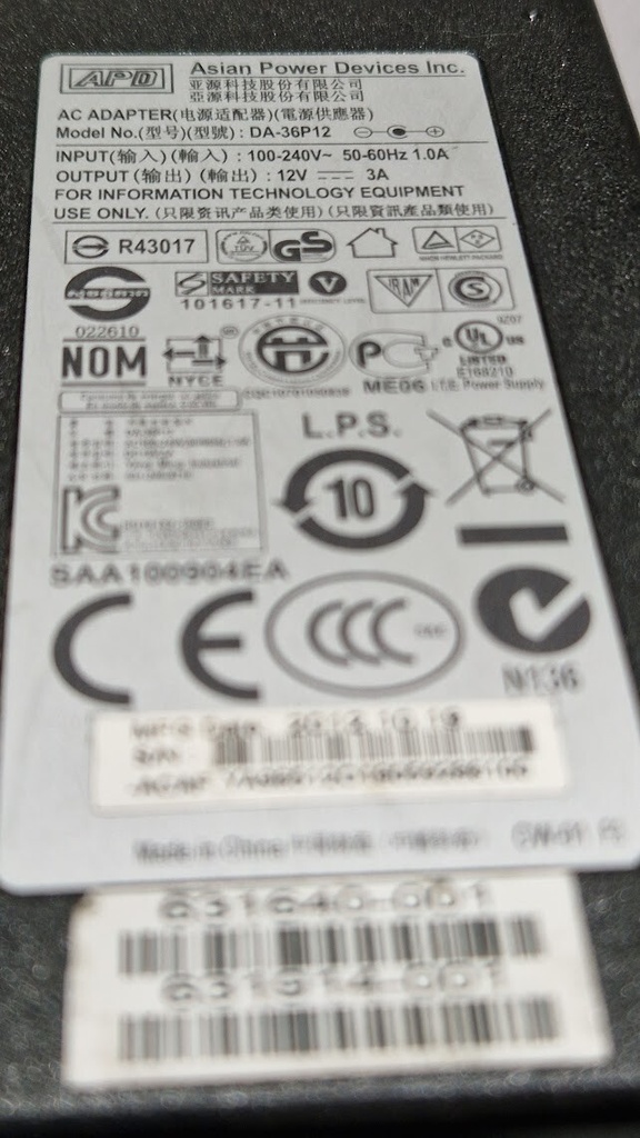 APD DA-36P12 AC Adapter 12V 3A Used Working Without Power Cord