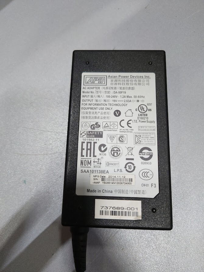 APD DA-50F19 AC Adapter 19V 2.63A Used Working Without Power Cord