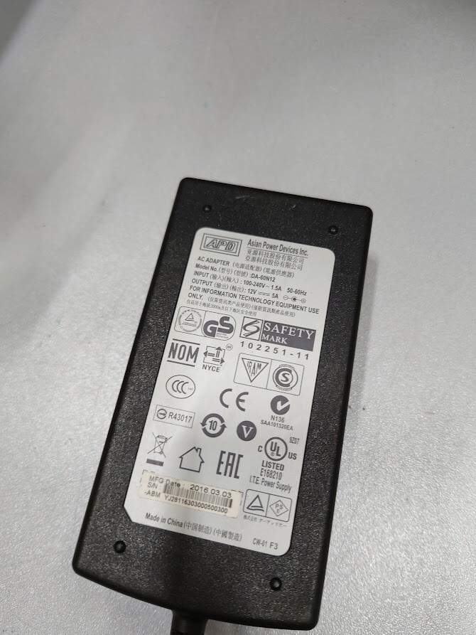 APD DA-60N12 AC Adapter 12V 5A Used Working Without Power Cord