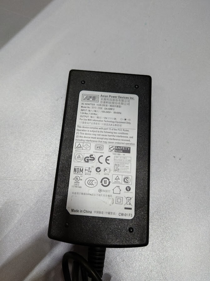 APD DA-60M12 AC Adapter 12V 5A Used Working Without Power Cord