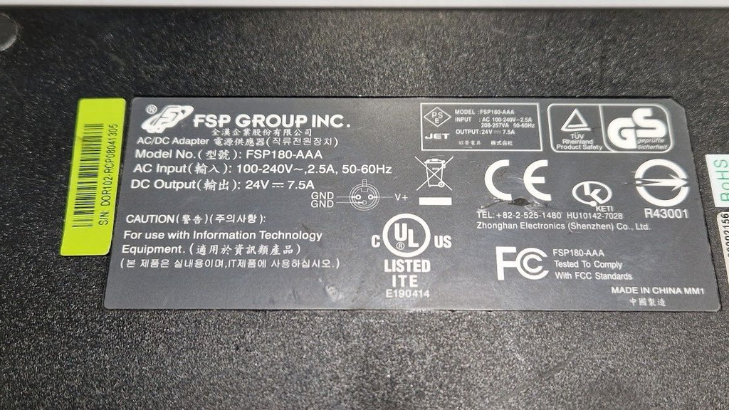 FSP FSP180-AAA AC/DC Adapter 24V 7.5A Used Working Without Power Cord