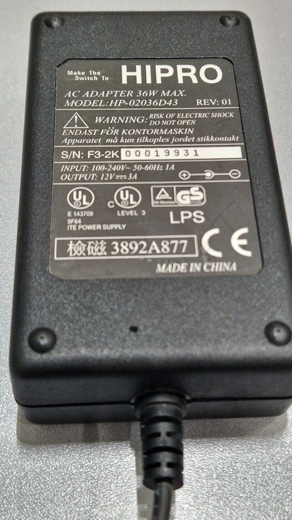 HIPRO HP-02036D43 AC Adapter 12V 3A Used Working Without Power Cord